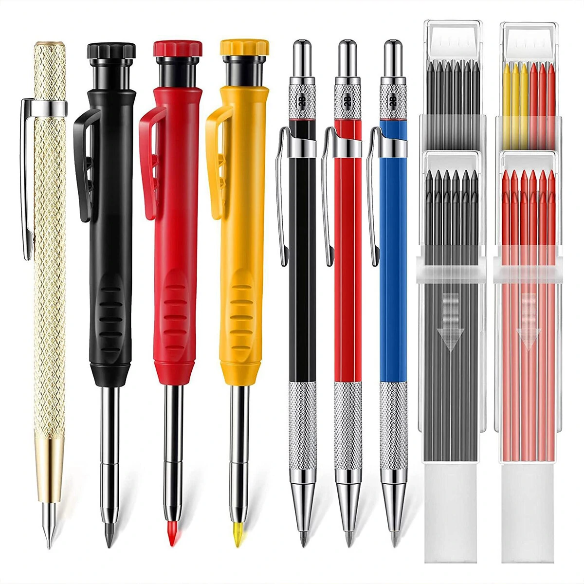 Carpenter Pencil Set with Deep Hole Marker Built-in Sharpener and Carbide Scribe Marking Tool for Woodworking Marking Mechanical Pencils with Multi-Color Refills (image for) Carpenter Pencil Set with Deep Hole Marker Built-in Sharpener and Carbide Scribe Marking Tool for Woodworking Marking Mechanical Pencils with Multi-Color Refills